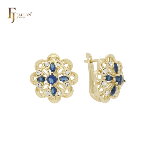 Pendientes de oro de 14 quilates con circonitas blancas y azules en racimo