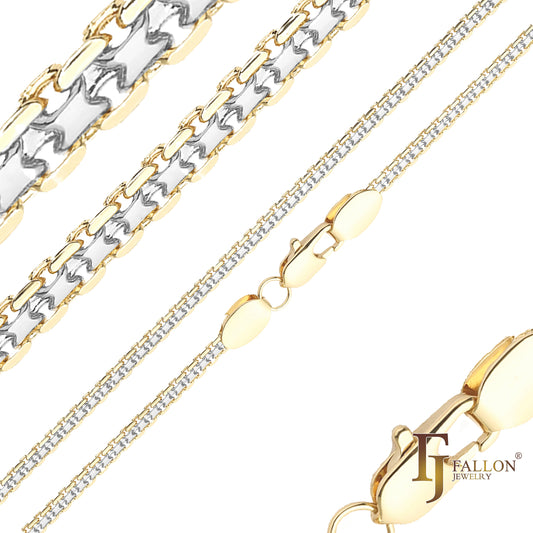 .Correntes de elo duplo com âncora de tecelagem Bismarck banhadas em ouro 14K, ouro 18K, dois tons