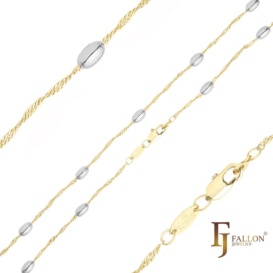 Oval Beads Singapore link chains plated in 14K Gold, Rose Gold, two tone, White Gold