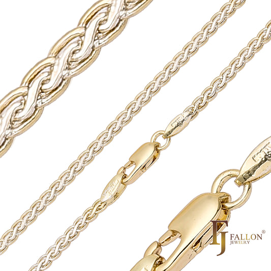 Spiga wheat glossy chains plated in White Gold, 14K Gold, Rose Gold, two tone