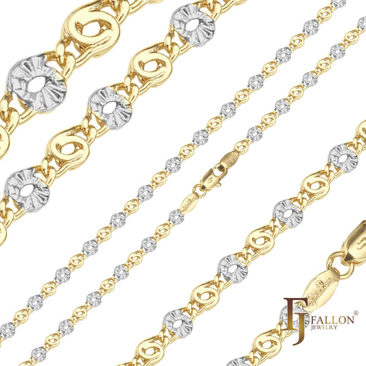 Correntes marteladas meia estrela com elo caracol banhadas em ouro 14K, ouro rosa, dois tons