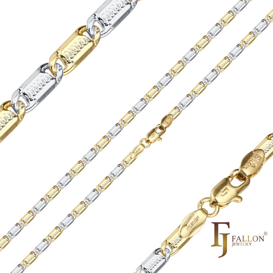 Цельные закругленные звенья в центре с волнистым кованым покрытием, покрытие из розового золота и двухцветного золота 14 карат.