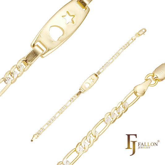 Pulseiras masculinas Figaro Link com estrela e coração banhadas em ouro 14K em dois tons