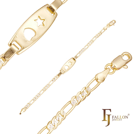 Pulseiras masculinas Figaro Link com estrela e coração banhadas em ouro 14K em dois tons