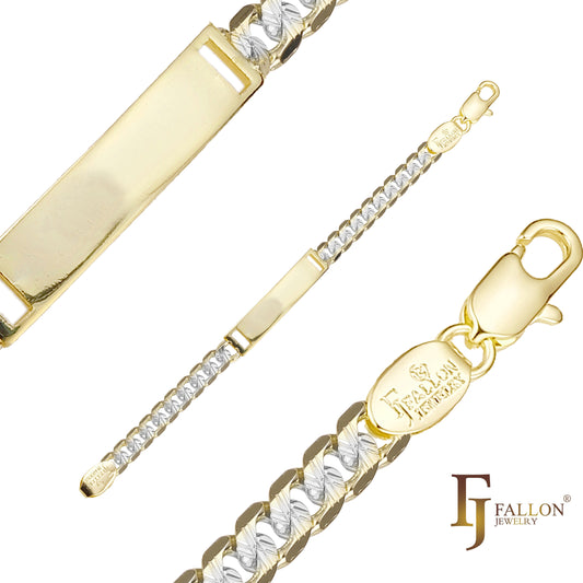 Pulseiras de identificação masculinas com elos cubanos martelados em ouro 14K e dois tons
