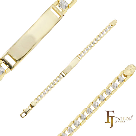 Pulseiras de identificação masculinas de ouro 14K graváveis em dois tons com elo martelado curb cross