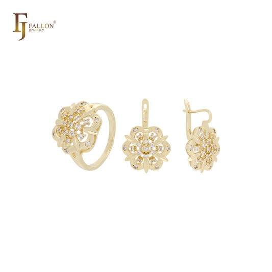 Conjunto de joyas de oro rosa de 14 quilates con circonitas blancas en forma de flor y anillos
