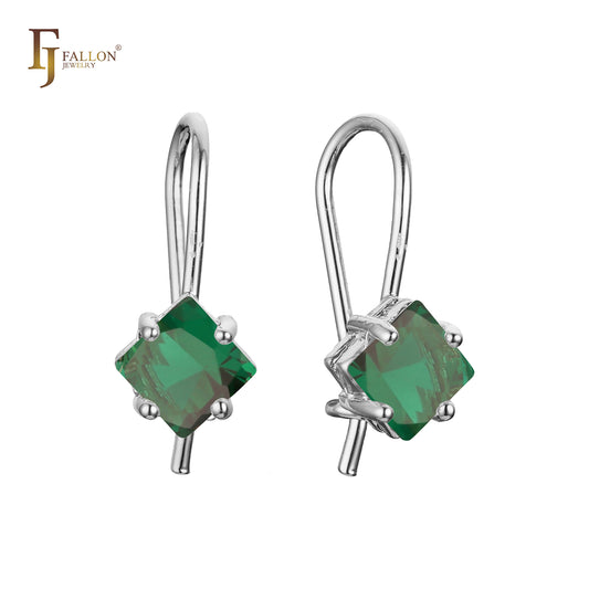 Brincos de gancho de arame CZ quadrado solitário em ouro 14K, ouro rosa, cores de banho