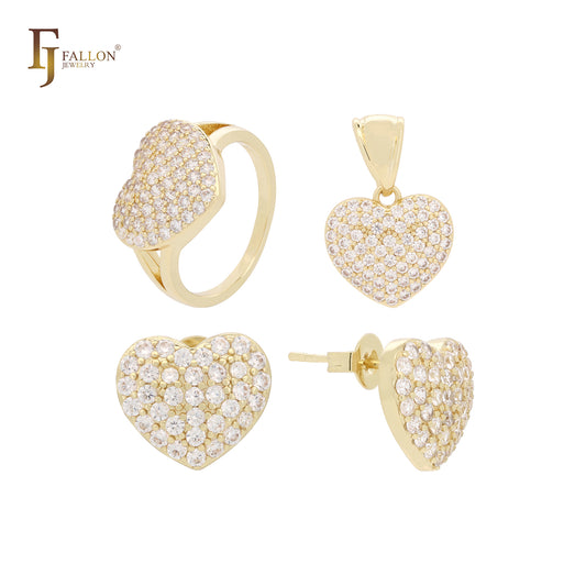Conjunto de joyas de oro de 14 quilates con circonitas blancas y corazón en racimo con colgante y anillos