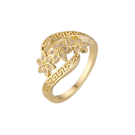 Anéis de ouro 14K com chave grega e flores CZs brancas