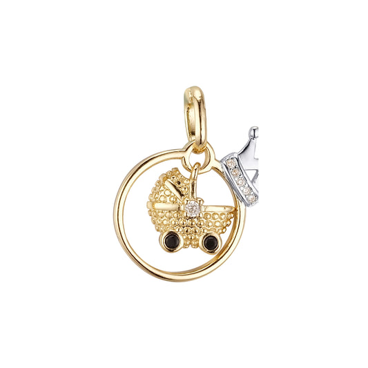 Carro de bebê fofo com coroa em ouro 14K, pingente em ouro rosa