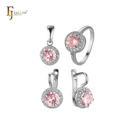 Conjunto de joyería con colgante y anillos chapados en oro blanco con halo de circonitas cúbicas de gran tamaño y forma redonda.