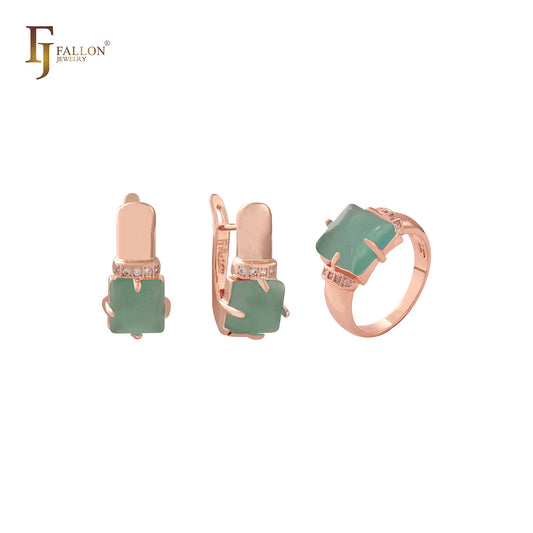 Conjunto de Joyería Solitario Cojín redondeado verde esmeralda Anillos y colgante en Oro rosa