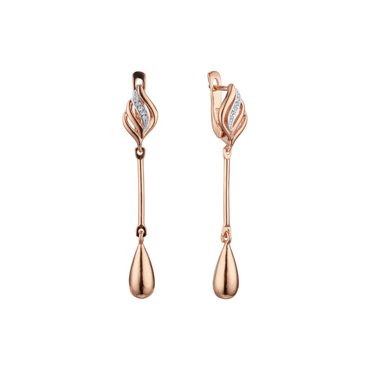 Long teardrop drop Rose Gold, two tone earrings