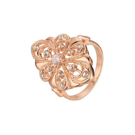 Rose Gold Fligree Round White CZ Ladies Cocktail Ring