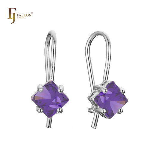 14K 金、玫瑰金、镀色单颗方形 CZ 线钩耳环