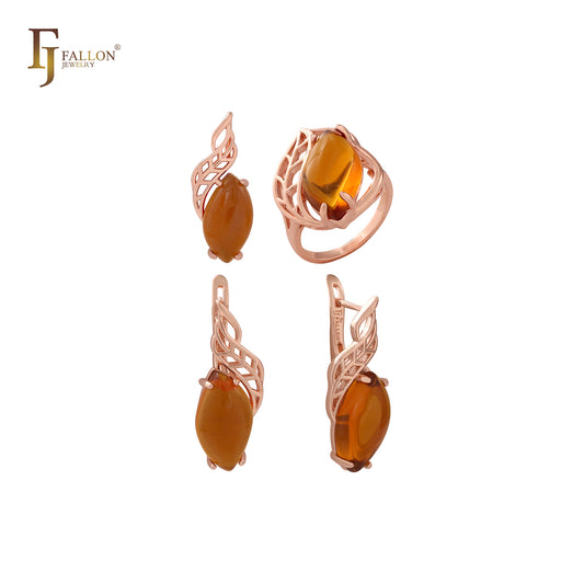 Conjunto de joyas de oro rosa con colgante y anillos de circonita grande con solitario rojo, naranja y ámbar marquesa