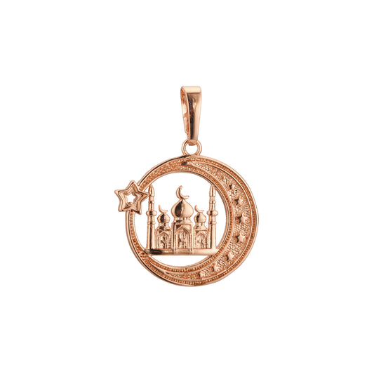 Colgante islámico de la luna y templo en Oro de 14K, colores baño de Oro Rosa