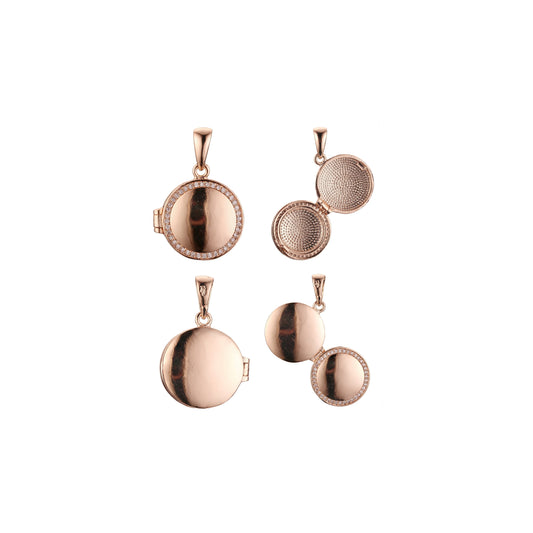 Colgante de oro rosa de 14 quilates con halo de circonitas blancas pavimentadas y círculos que se pueden abrir.