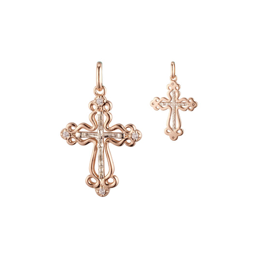 Rose Gold two tone Russian Orthodox Cross budded pendant