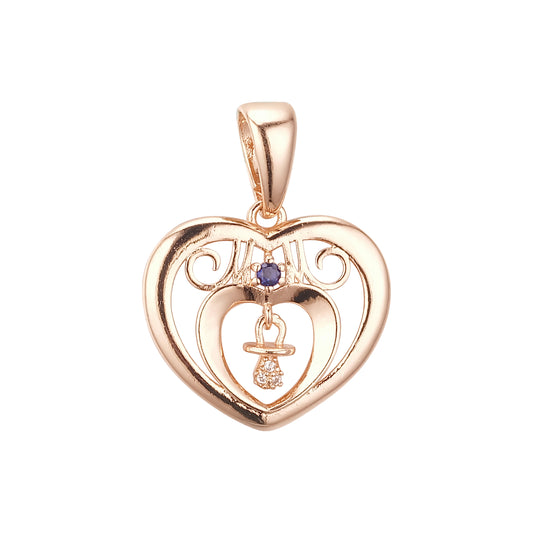 Coração em coração, amor de mãe, ouro 14K, pingente de ouro rosa