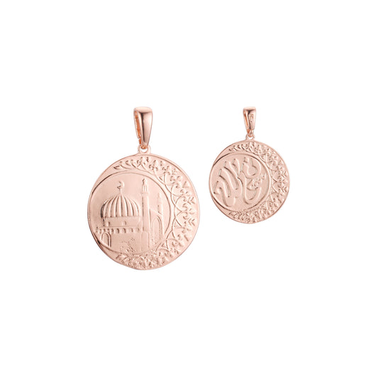 Colgante islámico de la luna y el templo en colores chapados en Oro 14K, oro rosa y oro blanco
