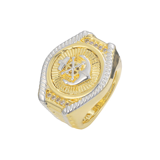 メンズ アンカー サイン シグネット 14K ゴールド ツートン リング