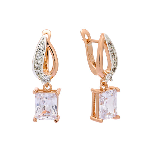 Emerald cut white CZ drop Rose Gold, two tone earrings