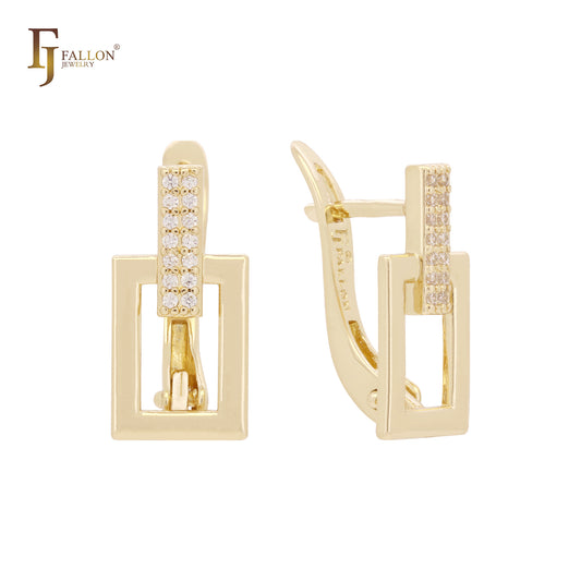 Pendientes de oro rosa con circonitas blancas en racimo rectangular cuadrado geométrico