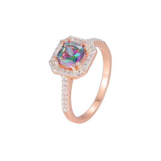 Colorful solitaire halo rings plated in Rose Gold