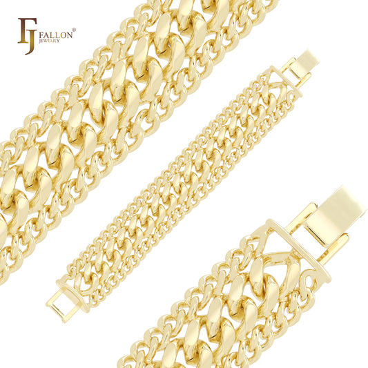 Pulseras anchas curvadas de oro de 14 quilates con triple eslabón cubano