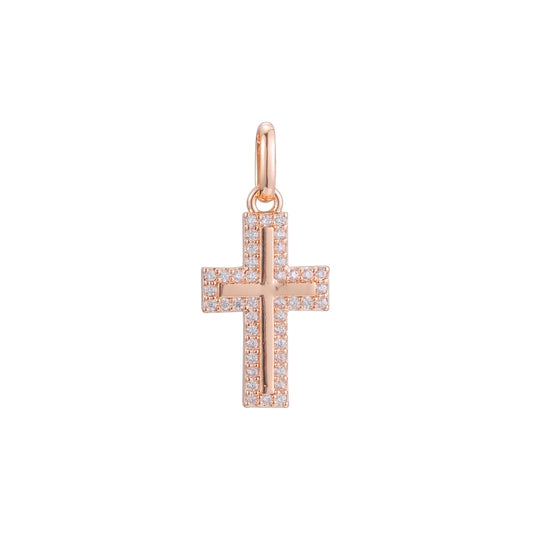 Pingente de cruz latina com zircônias cúbicas brancas pavimentadas em ouro rosa bicolor, ouro 14K