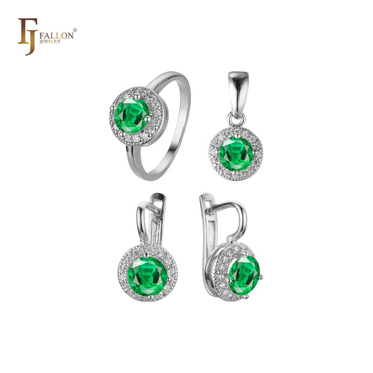 Conjunto de joyería con colgante y anillos chapados en oro blanco con halo de circonitas cúbicas de gran tamaño y forma redonda.