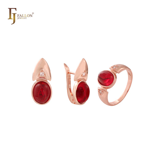 Solitario redondeado ovalado CZ oro rosa, oro de 14 quilates, conjunto de joyas de dos tonos