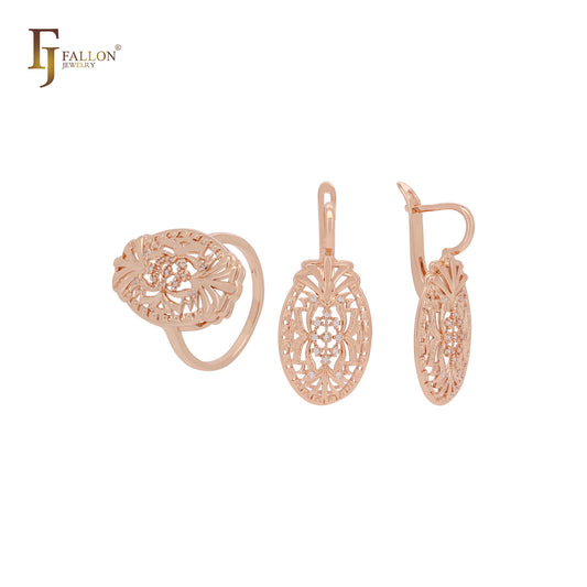Conjunto de joias de ouro 14K com anéis e filigrana texturizada oval em cluster de zircônias cúbicas brancas