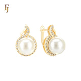Flame of fire halo white CZs solitaire Pearl 18K Gold Russian Lock Earrings