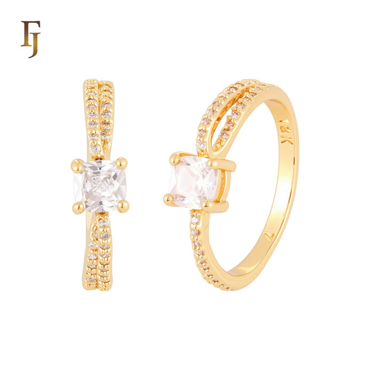 Anéis de noivado em ouro rosa com elegante zircônia cúbica branca e zircônias cúbicas brancas pavimentadas