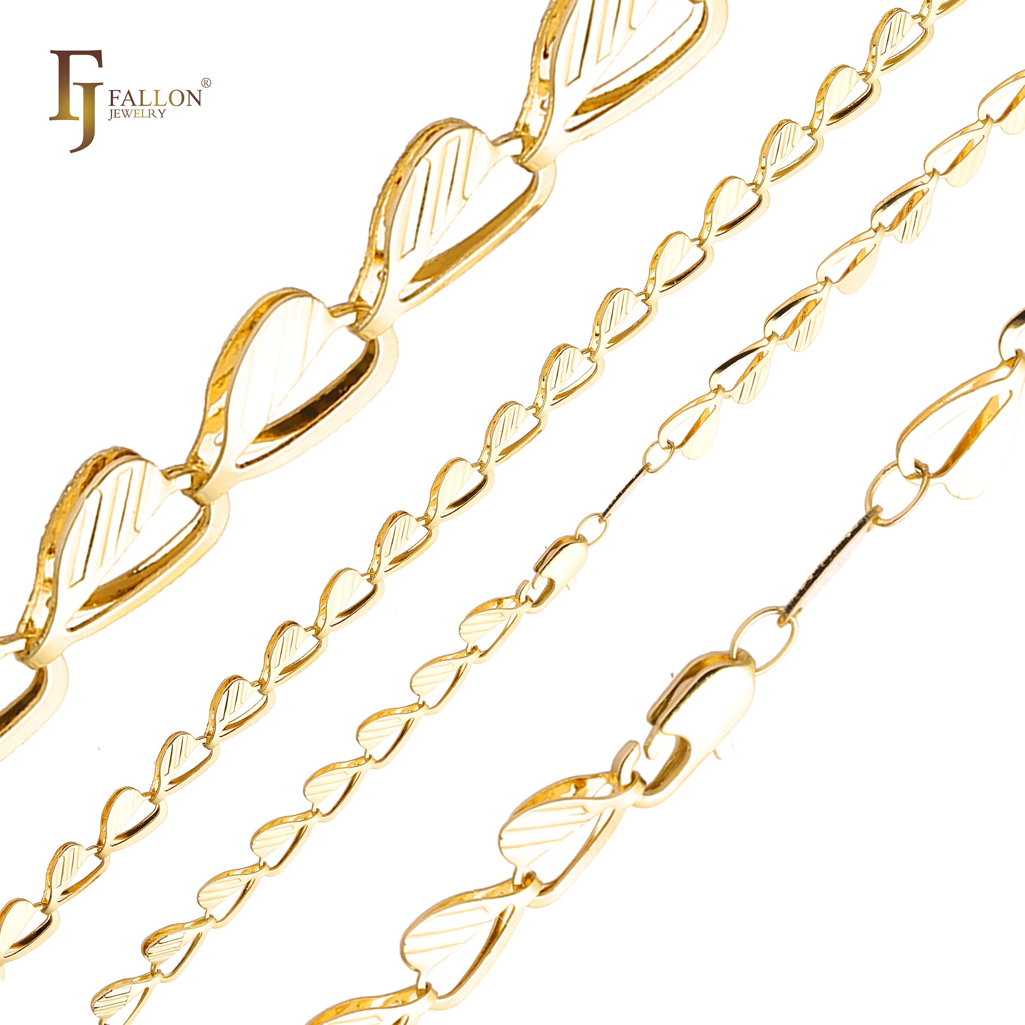 Cadenas de acero con eslabones elegantes de corazón y hojas chapadas en oro blanco, oro de 14 quilates, oro rosa, dos tonos