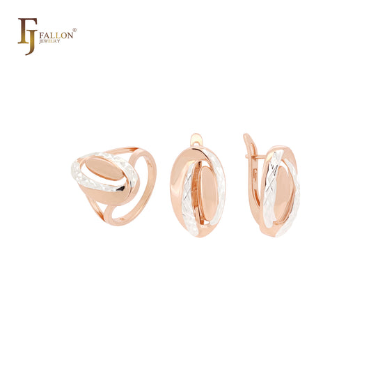 Conjunto de joyas con anillos en oro rosa de dos tonos, con doble cruce ovalado geométrico redondeado