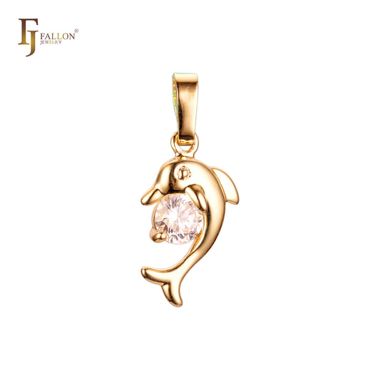 Solitaire white CZ the dolphin 18K Gold Animal Pendant