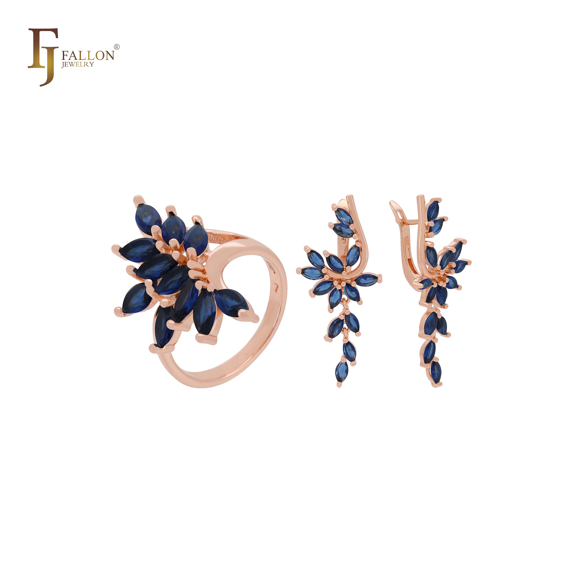 Lujoso conjunto de joyas de oro rosa con circonitas cúbicas en azul lago profundo y anillos