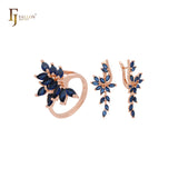 Lujoso conjunto de joyas de oro rosa con circonitas cúbicas en azul lago profundo y anillos