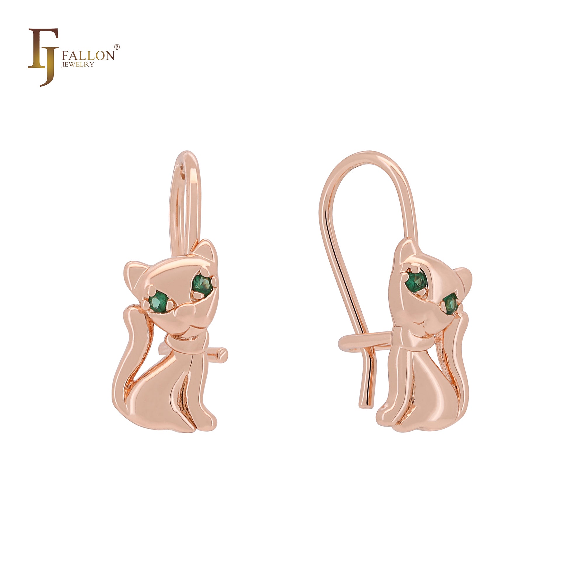 Серьги-крючки для детей Little Kitty Cat с изумрудно-зелеными фианитами в форме глаз из розового золота