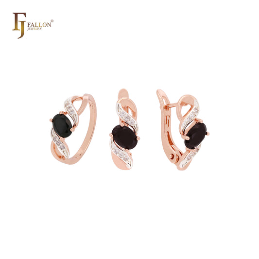 Conjunto de joyas de oro rosa de dos tonos con solitario de circonita cúbica de corte ovalado con garra de cinta y anillos