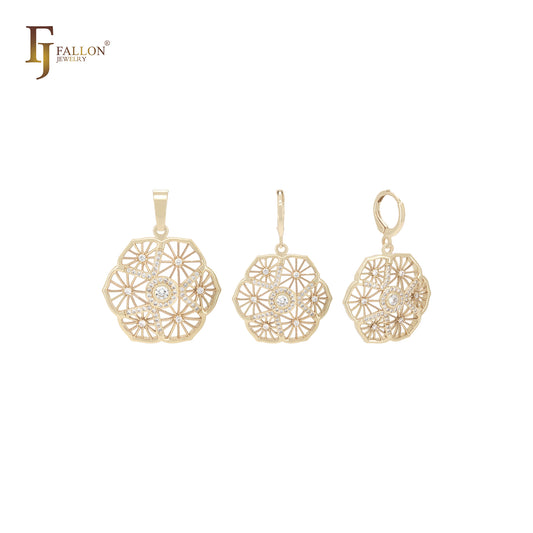 Conjunto de joyas de oro de 14 quilates con colgante y circonitas blancas en forma de caleidoscopio radiactivo alternativo con copos de nieve