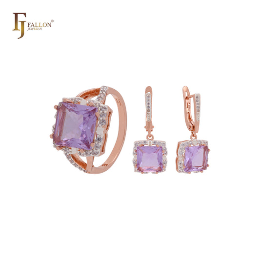 Lujoso conjunto de joyas de oro rosa de dos tonos con halo de circonitas cúbicas y solitario de talla Asscher con anillos