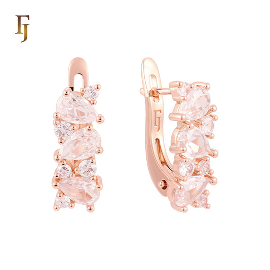 Pear and rounded white CZs cluster Rose Gold Russian Lock Earrings