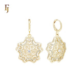 Five Petals Snowflake of white CZs 14K Gold Huggie drop Earrings