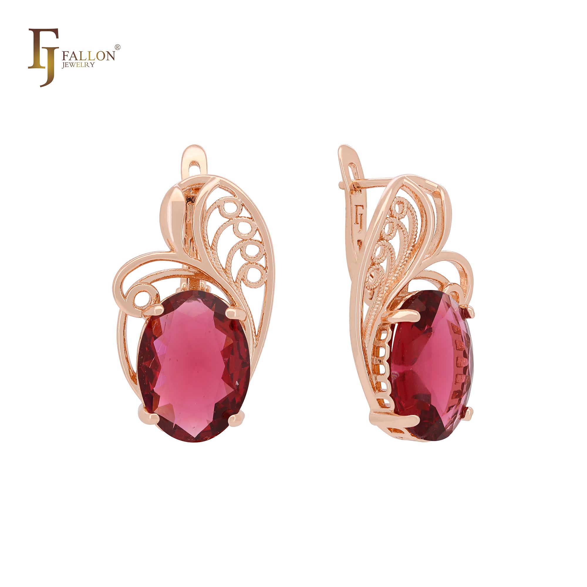 Pendientes de clip solitarios ovalados anchos y coloridos con circonitas cúbicas en oro rosa