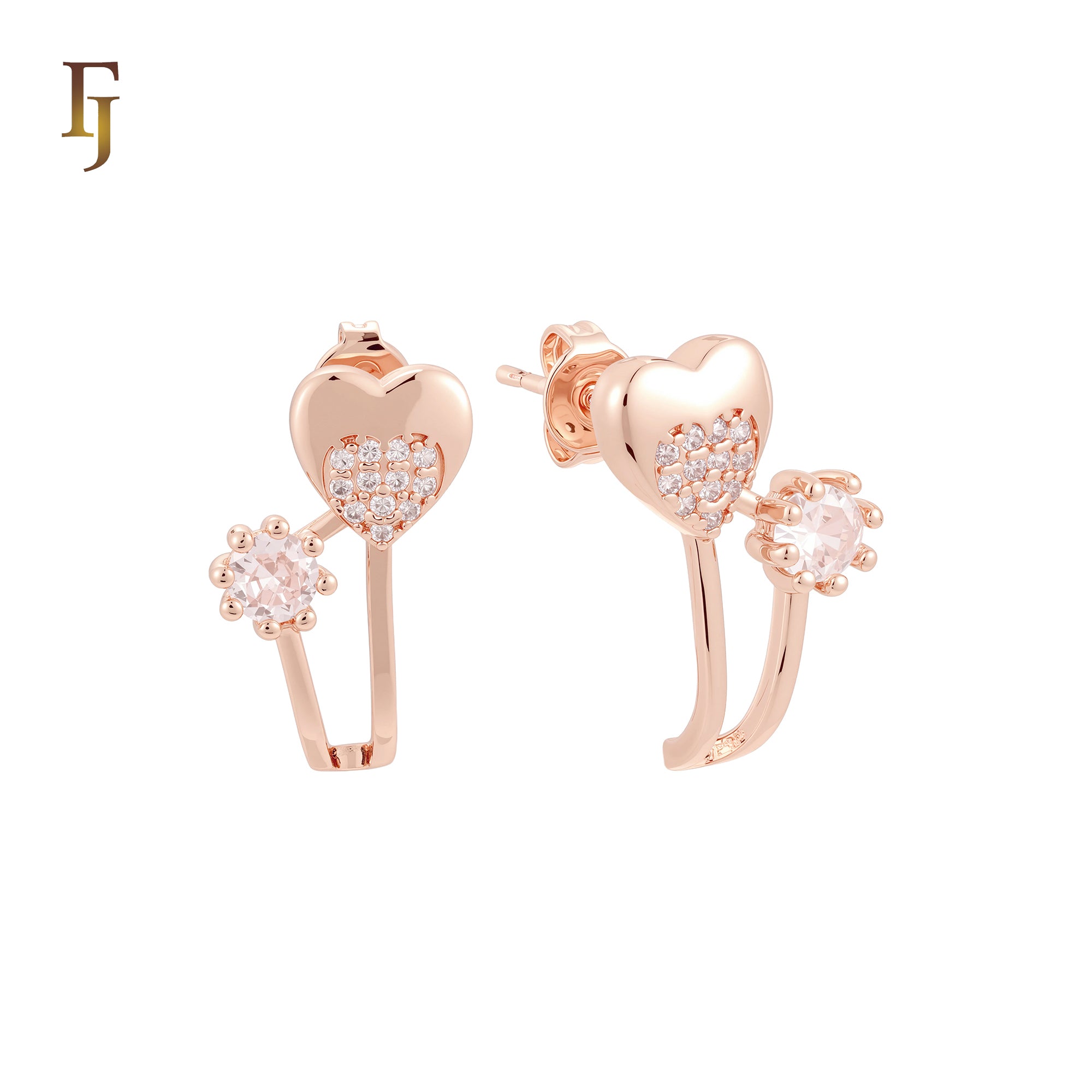 Heart and solitaire white CZs 14K Gold, Rose Gold Stud Earrings